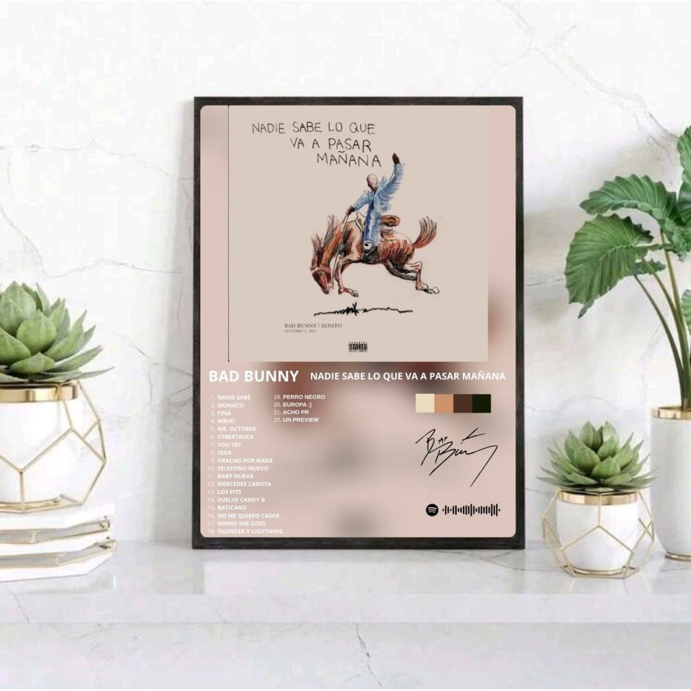 Bad Bunny - Nadie Sabe Lo Que Va A Pasar Mañana Poster with Frame - Vibes DistrictBad Bunny - Nadie Sabe Lo Que Va A Pasar Mañana Poster with Frame poster GoldVibes District