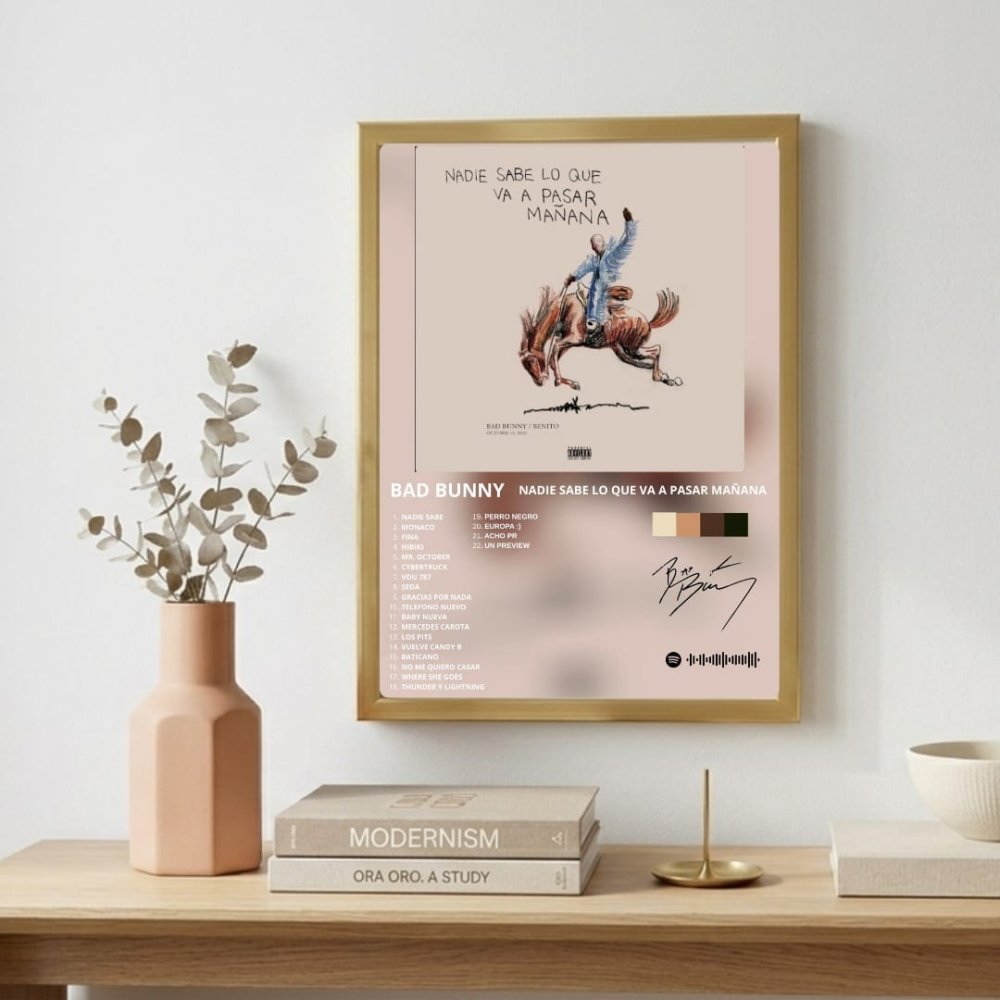 Bad Bunny - Nadie Sabe Lo Que Va A Pasar Mañana Poster with Frame - Vibes DistrictBad Bunny - Nadie Sabe Lo Que Va A Pasar Mañana Poster with Frame poster GoldVibes District
