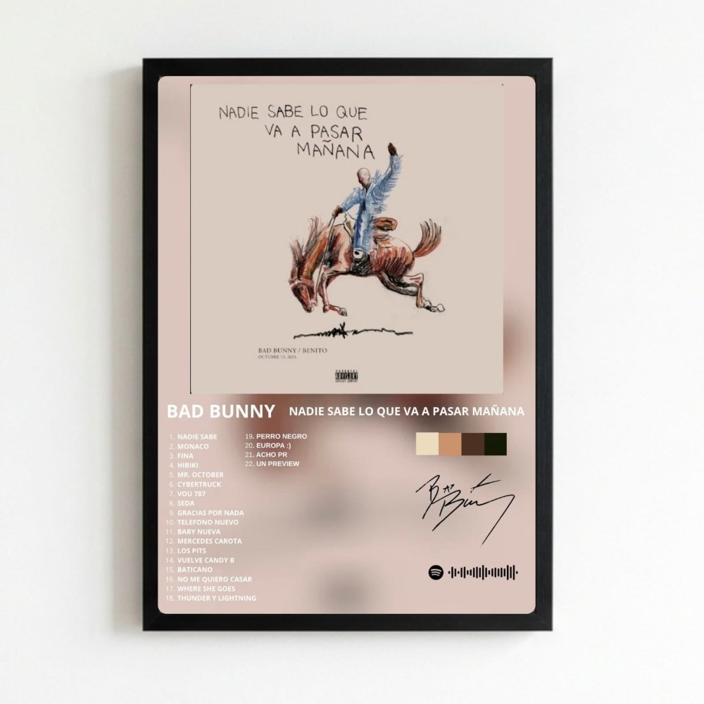 Bad Bunny - Nadie Sabe Lo Que Va A Pasar Mañana Poster with Frame - Vibes DistrictBad Bunny - Nadie Sabe Lo Que Va A Pasar Mañana Poster with Frame poster NeroVibes District