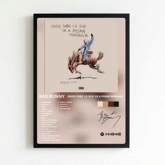 Bad Bunny - Nadie Sabe Lo Que Va A Pasar Mañana Poster with Frame - Vibes DistrictBad Bunny - Nadie Sabe Lo Que Va A Pasar Mañana Poster with Frame poster NeroVibes District
