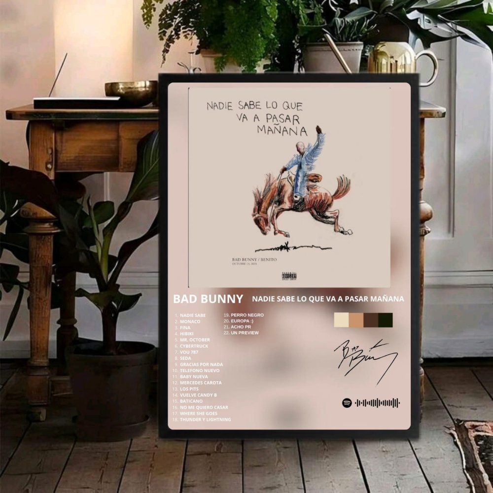 Bad Bunny - Nadie Sabe Lo Que Va A Pasar Mañana Poster with Frame - Vibes DistrictBad Bunny - Nadie Sabe Lo Que Va A Pasar Mañana Poster with Frame poster GoldVibes District