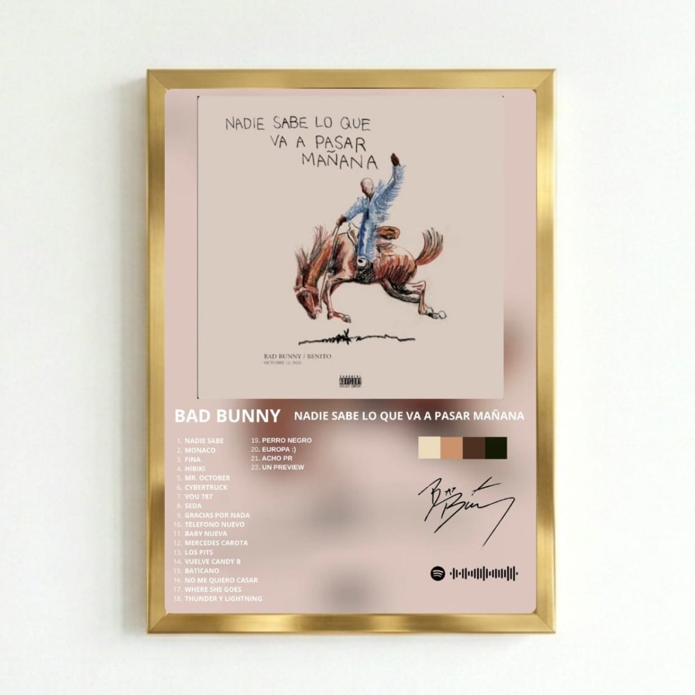 Bad Bunny - Nadie Sabe Lo Que Va A Pasar Mañana Poster with Frame - Vibes DistrictBad Bunny - Nadie Sabe Lo Que Va A Pasar Mañana Poster with Frame poster GoldVibes District