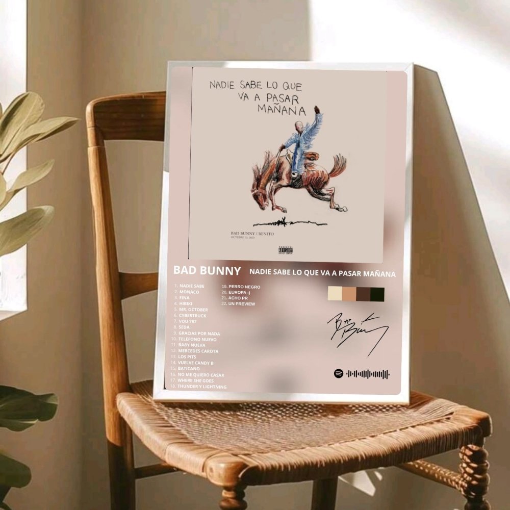 Bad Bunny - Nadie Sabe Lo Que Va A Pasar Mañana Poster with Frame - Vibes DistrictBad Bunny - Nadie Sabe Lo Que Va A Pasar Mañana Poster with Frame poster GoldVibes District