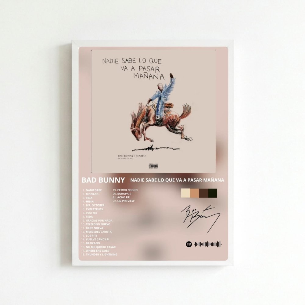 Bad Bunny - Nadie Sabe Lo Que Va A Pasar Mañana Poster with Frame - Vibes DistrictBad Bunny - Nadie Sabe Lo Que Va A Pasar Mañana Poster with Frame poster BiancoVibes District