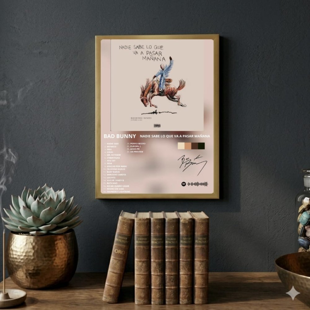 Bad Bunny - Nadie Sabe Lo Que Va A Pasar Mañana Poster with Frame - Vibes DistrictBad Bunny - Nadie Sabe Lo Que Va A Pasar Mañana Poster with Frame poster GoldVibes District