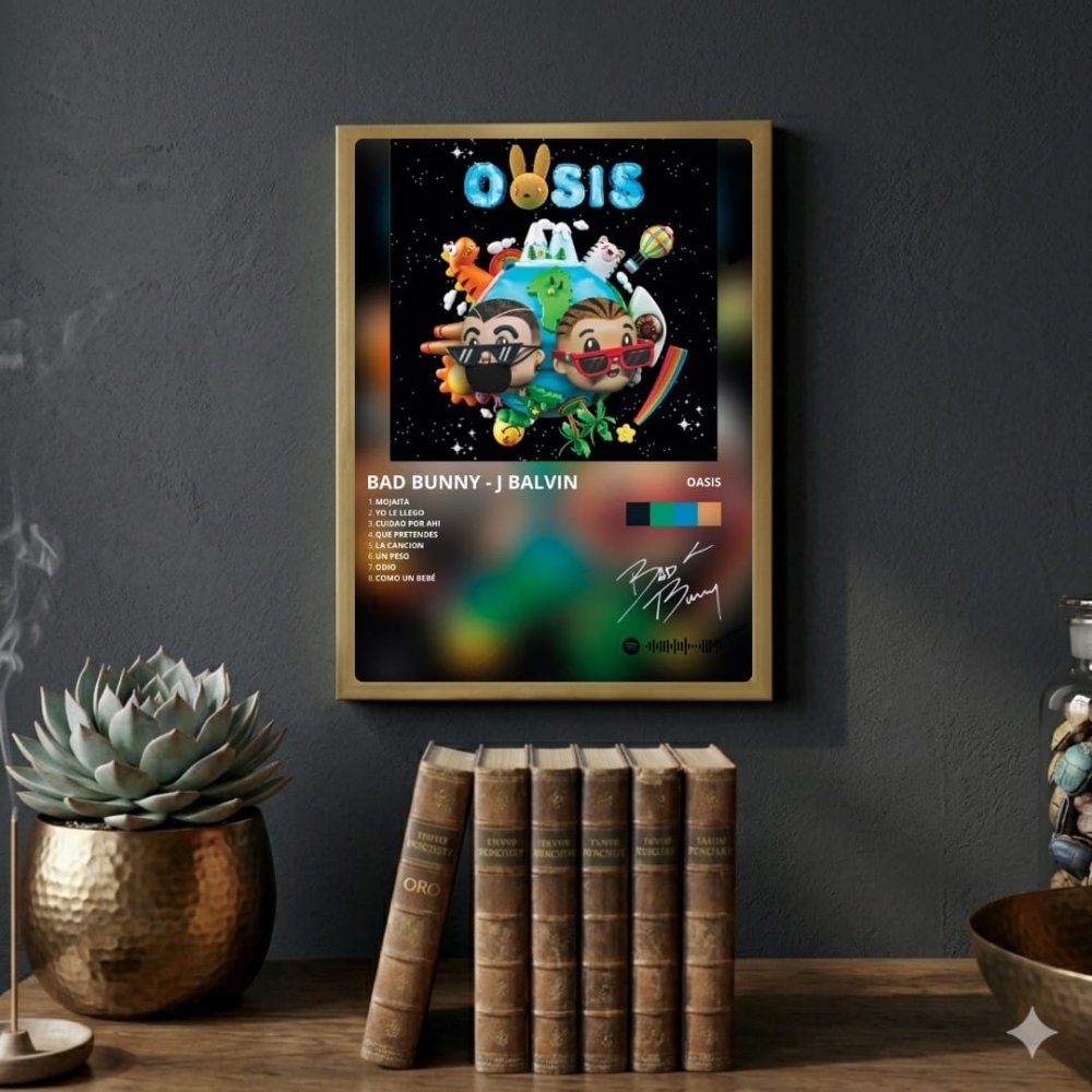 Bad Bunny - Oasis Poster with Frame - Vibes DistrictBad Bunny - Oasis Poster with Frame poster GoldVibes District