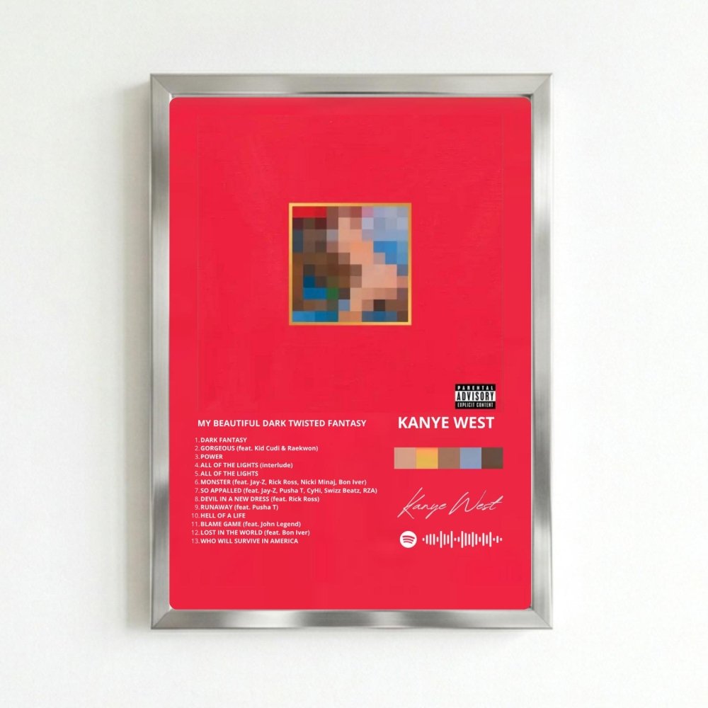 Kanye West – My Beautiful Dark Twisted Fantasy Poster with Frame - Vibes DistrictKanye West – My Beautiful Dark Twisted Fantasy Poster with Frame poster SilverVibes District
