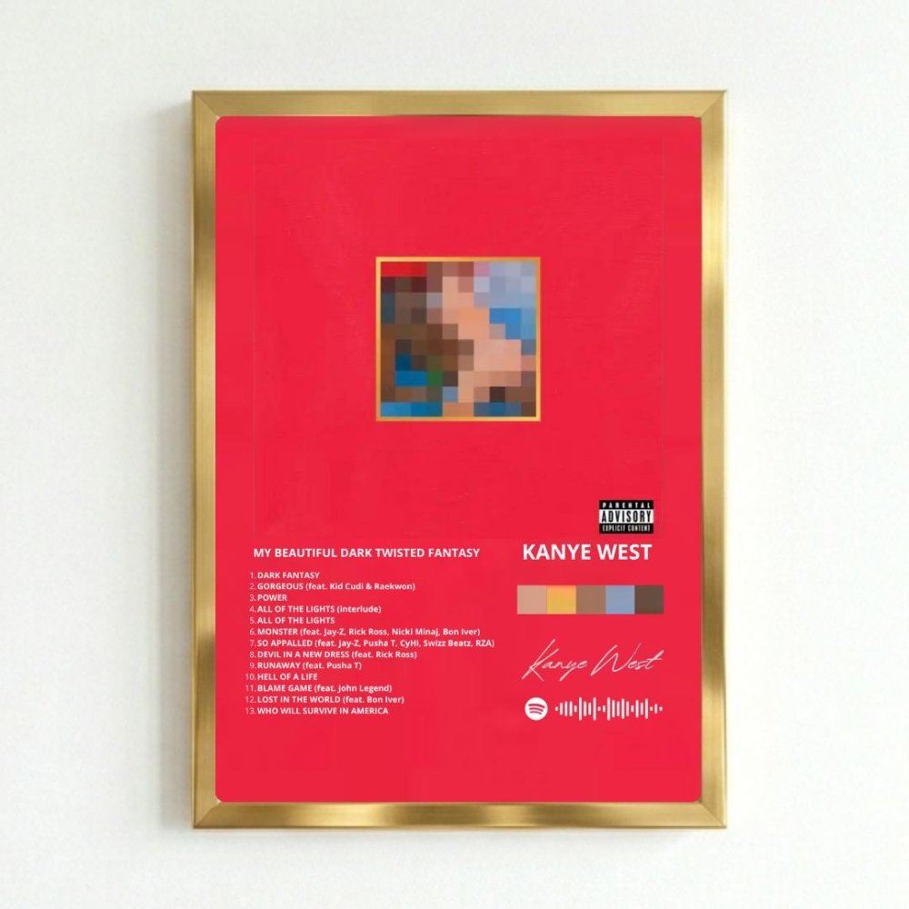 Kanye West – My Beautiful Dark Twisted Fantasy Poster with Frame - Vibes DistrictKanye West – My Beautiful Dark Twisted Fantasy Poster with Frame poster GoldVibes District