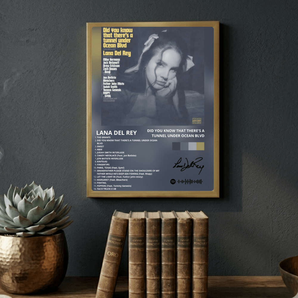 Lana Del Rey - Did You Know That There's A Tunnel Under Ocean Blvd Poster with Frame - Vibes DistrictLana Del Rey - Did You Know That There's A Tunnel Under Ocean Blvd Poster with Frame poster GoldVibes District