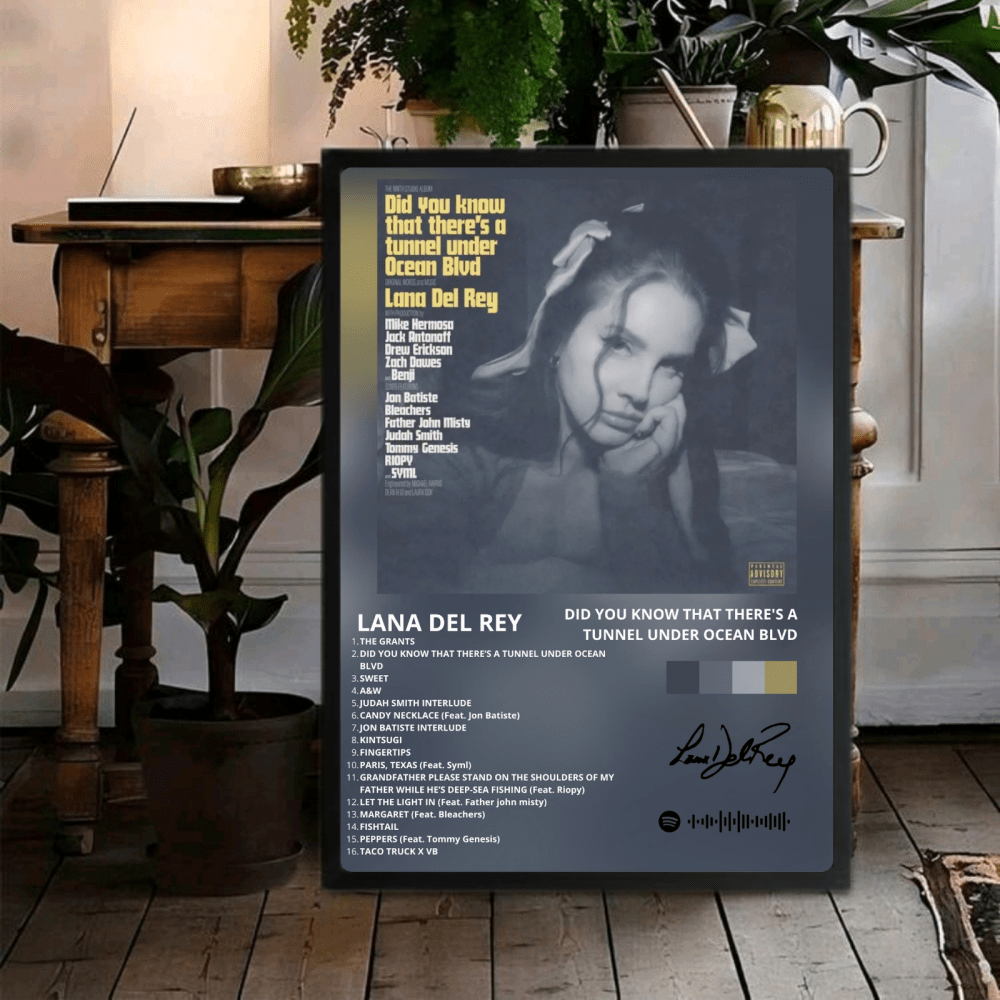 Lana Del Rey - Did You Know That There's A Tunnel Under Ocean Blvd Poster with Frame - Vibes DistrictLana Del Rey - Did You Know That There's A Tunnel Under Ocean Blvd Poster with Frame poster GoldVibes District