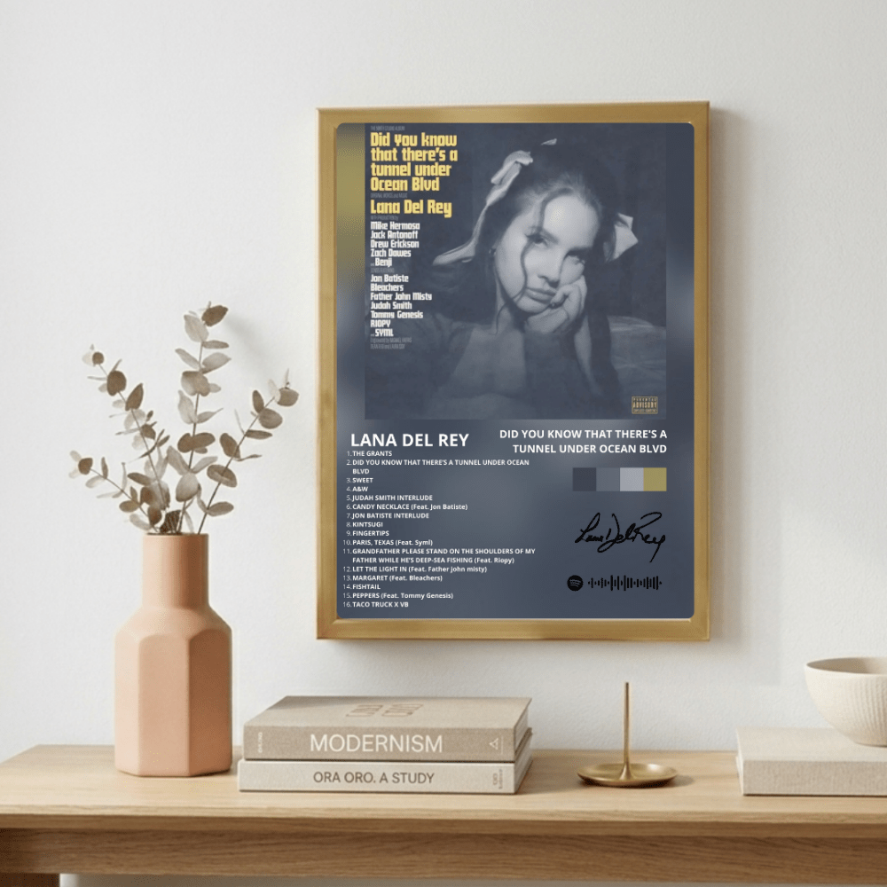 Lana Del Rey - Did You Know That There's A Tunnel Under Ocean Blvd Poster with Frame - Vibes DistrictLana Del Rey - Did You Know That There's A Tunnel Under Ocean Blvd Poster with Frame poster GoldVibes District