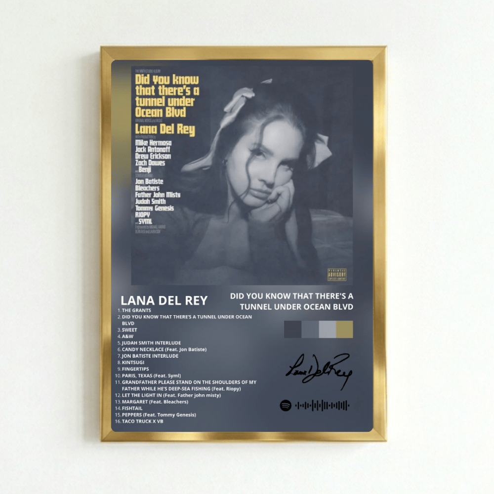 Lana Del Rey - Did You Know That There's A Tunnel Under Ocean Blvd Poster with Frame - Vibes DistrictLana Del Rey - Did You Know That There's A Tunnel Under Ocean Blvd Poster with Frame poster GoldVibes District