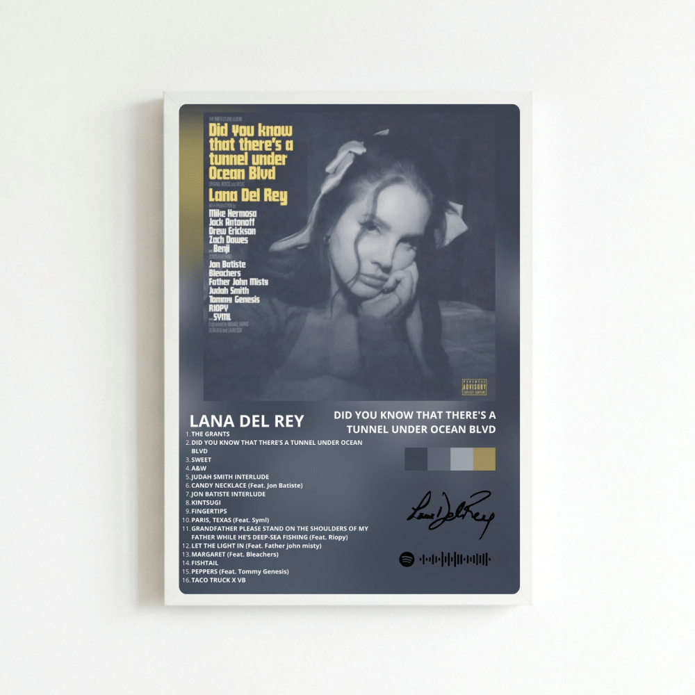 Lana Del Rey - Did You Know That There's A Tunnel Under Ocean Blvd Poster with Frame - Vibes DistrictLana Del Rey - Did You Know That There's A Tunnel Under Ocean Blvd Poster with Frame poster BiancoVibes District