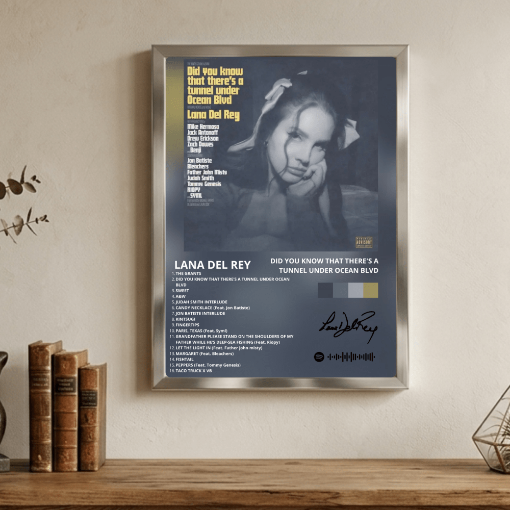 Lana Del Rey - Did You Know That There's A Tunnel Under Ocean Blvd Poster with Frame - Vibes DistrictLana Del Rey - Did You Know That There's A Tunnel Under Ocean Blvd Poster with Frame poster GoldVibes District