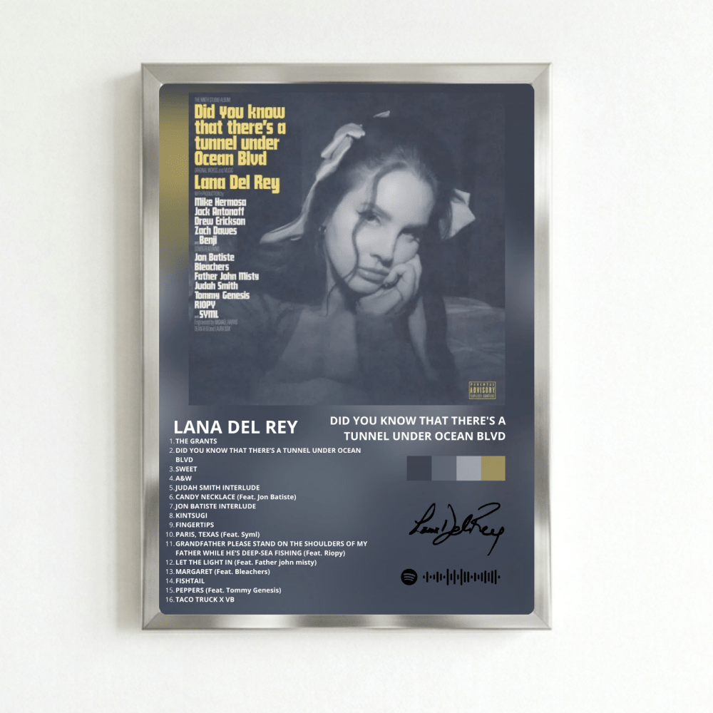 Lana Del Rey - Did You Know That There's A Tunnel Under Ocean Blvd Poster with Frame - Vibes DistrictLana Del Rey - Did You Know That There's A Tunnel Under Ocean Blvd Poster with Frame poster SilverVibes District