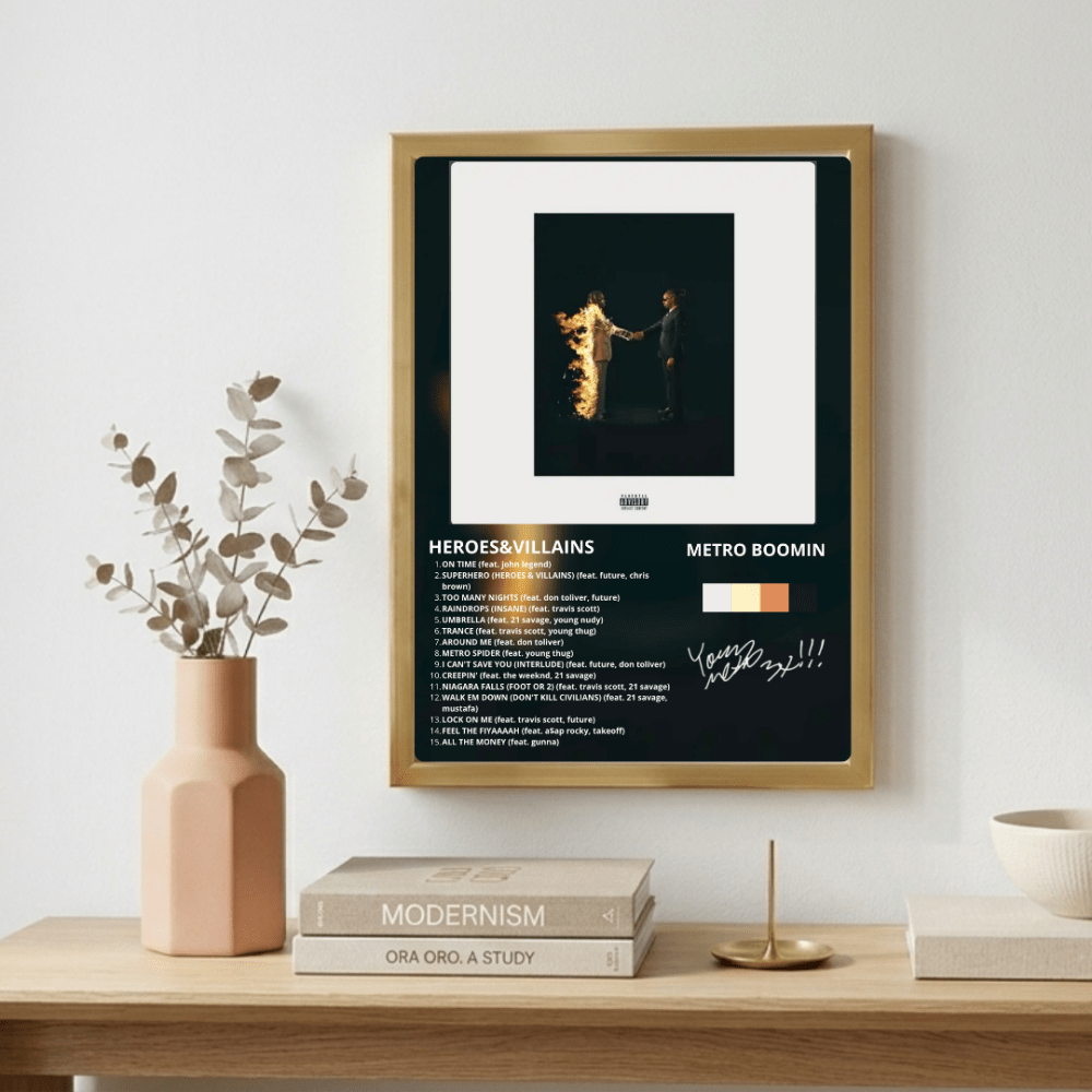 Metro Boomin & Future - Heroes & Villains Poster with Frame - Vibes DistrictMetro Boomin & Future - Heroes & Villains Poster with Frame GoldVibes District