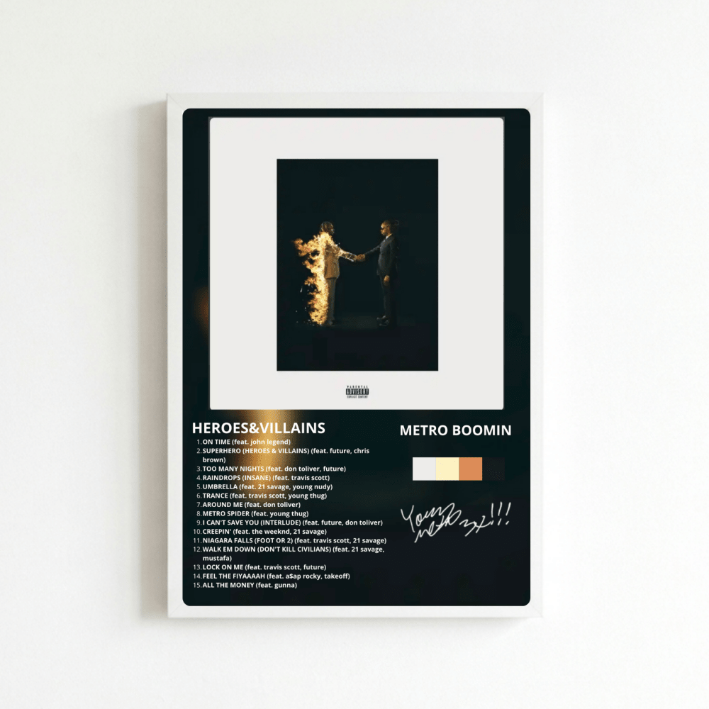 Metro Boomin & Future - Heroes & Villains Poster with Frame - Vibes DistrictMetro Boomin & Future - Heroes & Villains Poster with Frame BiancoVibes District