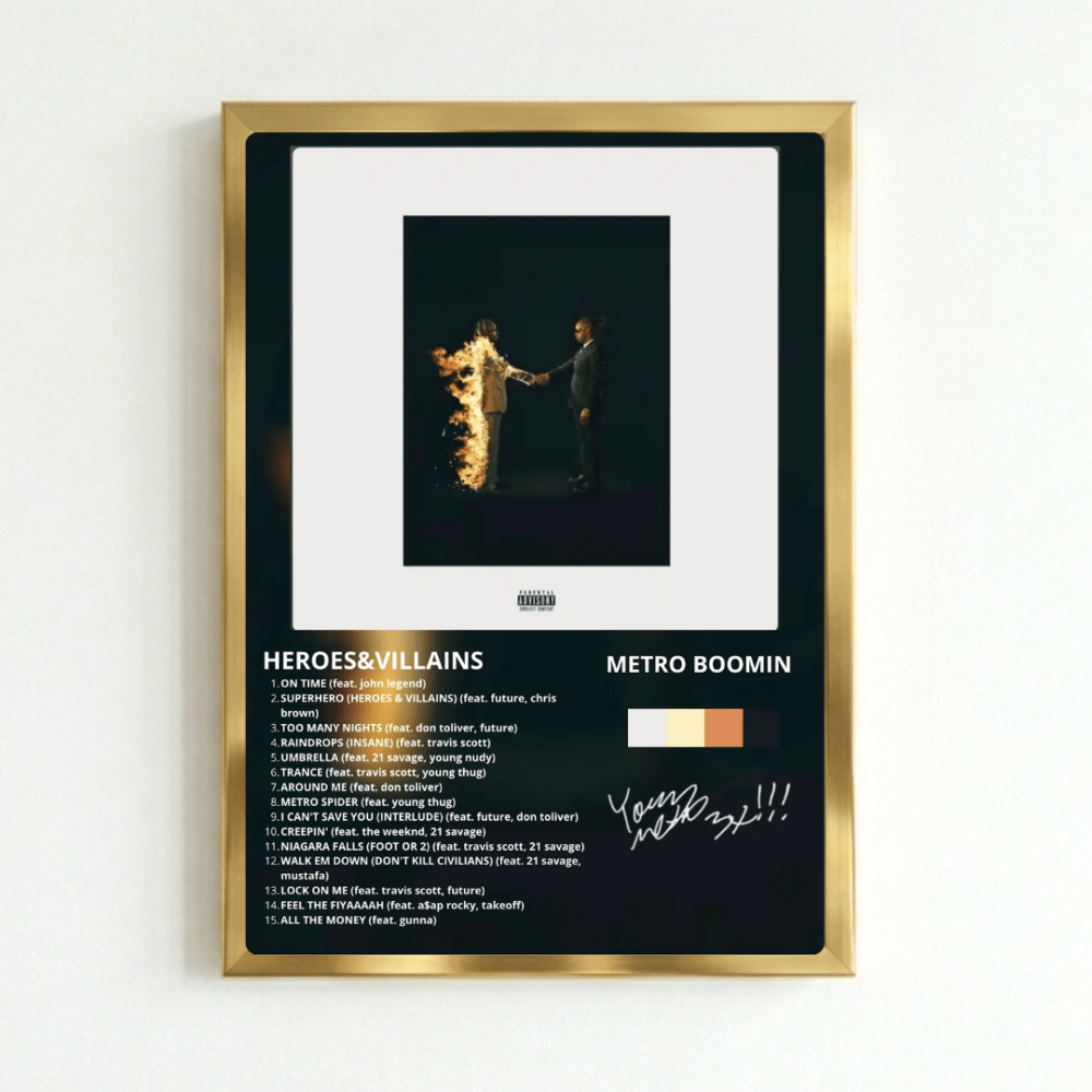 Metro Boomin & Future - Heroes & Villains Poster with Frame - Vibes DistrictMetro Boomin & Future - Heroes & Villains Poster with Frame GoldVibes District