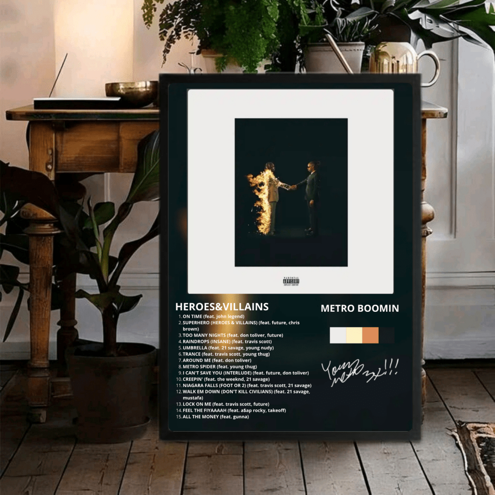 Metro Boomin & Future - Heroes & Villains Poster with Frame - Vibes DistrictMetro Boomin & Future - Heroes & Villains Poster with Frame GoldVibes District