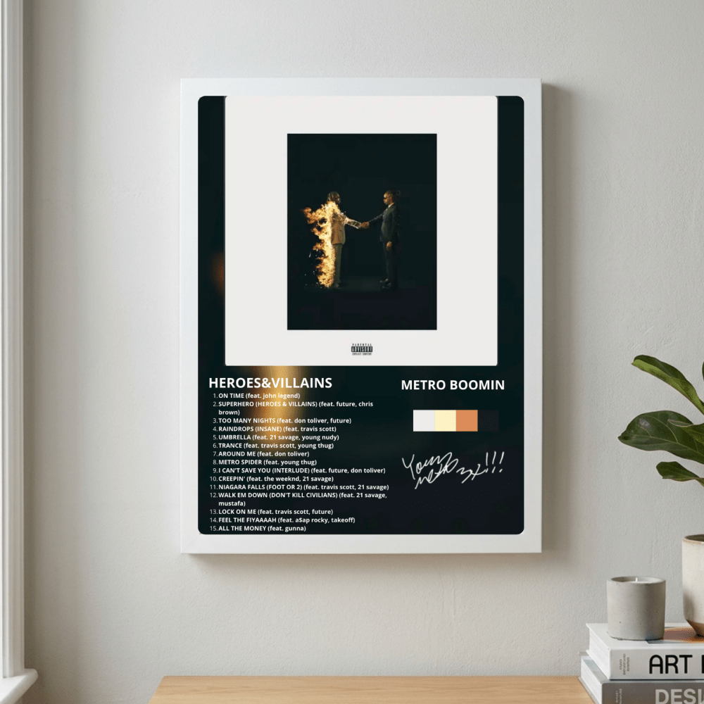 Metro Boomin & Future - Heroes & Villains Poster with Frame - Vibes DistrictMetro Boomin & Future - Heroes & Villains Poster with Frame GoldVibes District