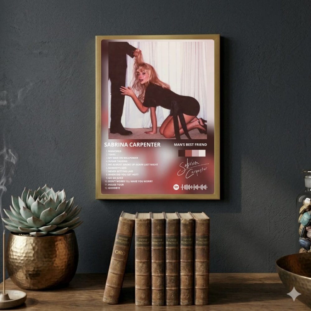 Sabrina Carpenter - Man's Best Friend Poster with Frame - Vibes DistrictSabrina Carpenter - Man's Best Friend Poster with Frame poster GoldVibes District